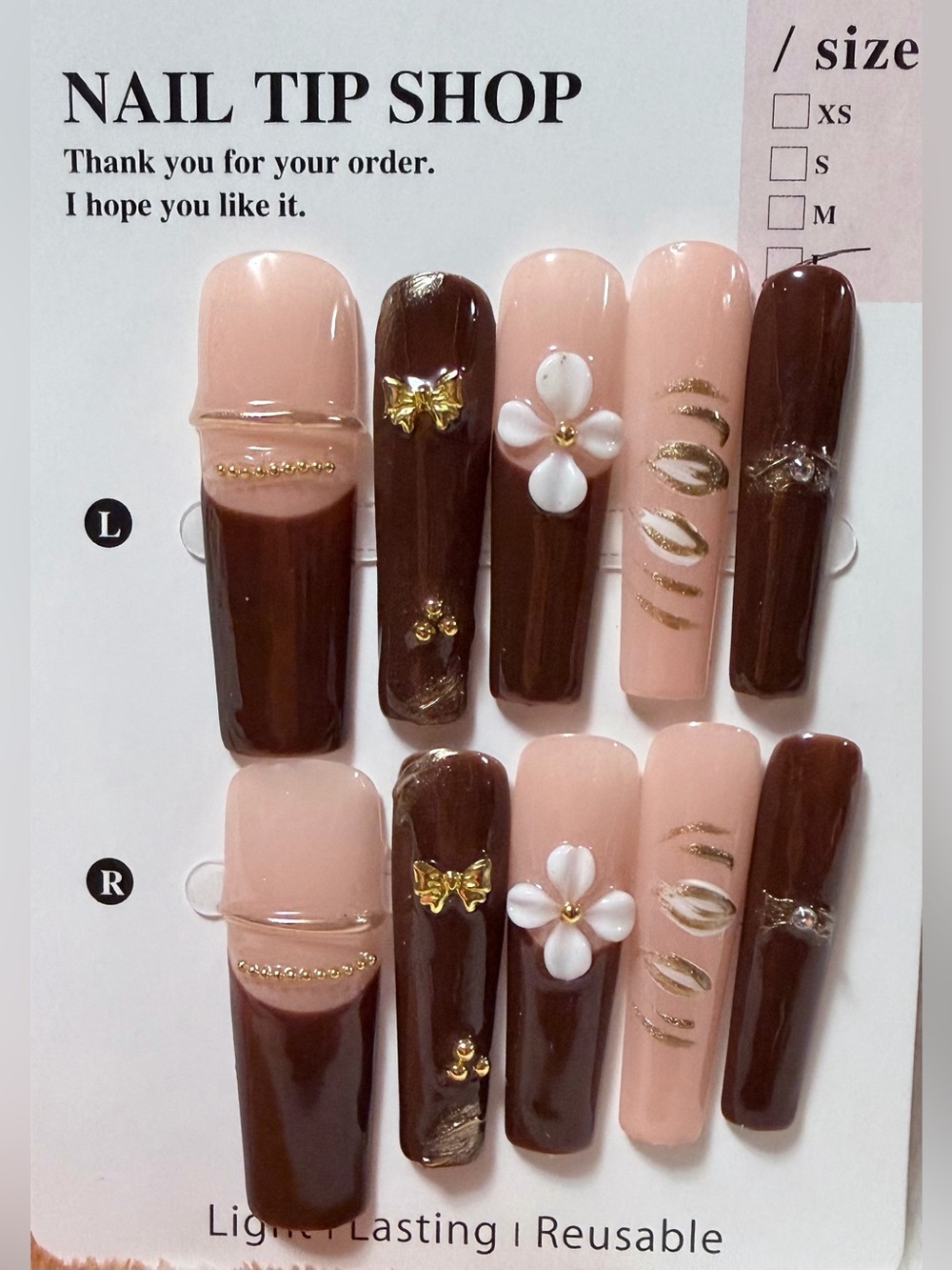 Press-On Nail Set — Pink & Brown Floral Accent